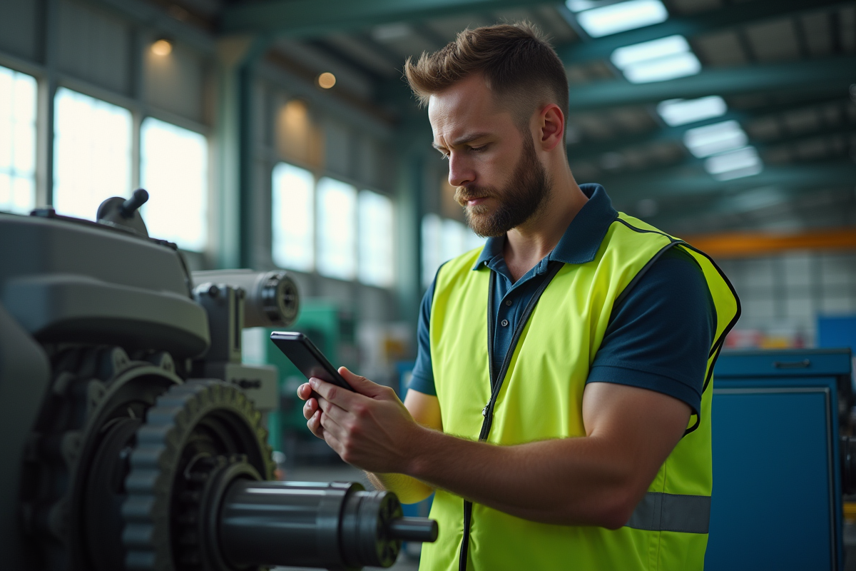 Ouvrier inspectant une machine dans une usine industrielle