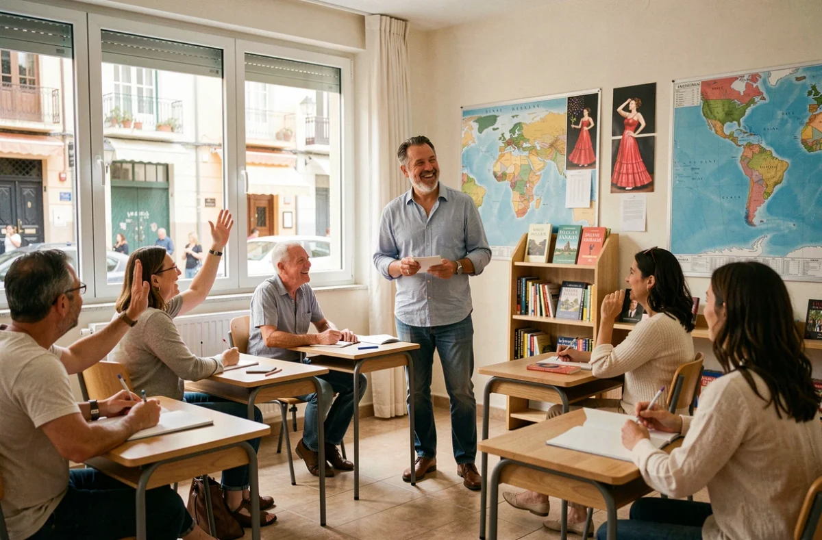 Cours d'espagnol animé et participatif dans une salle décorée de cartes d'Espagne, Institut Hispam dans les Bouches-du-Rhône