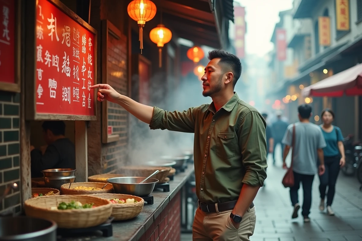 Homme interagissant en mandarin avec un vendeur de rue dans un marché alimentaire chinois, illustrant l'utilité du chinois pour travailler à l'étranger