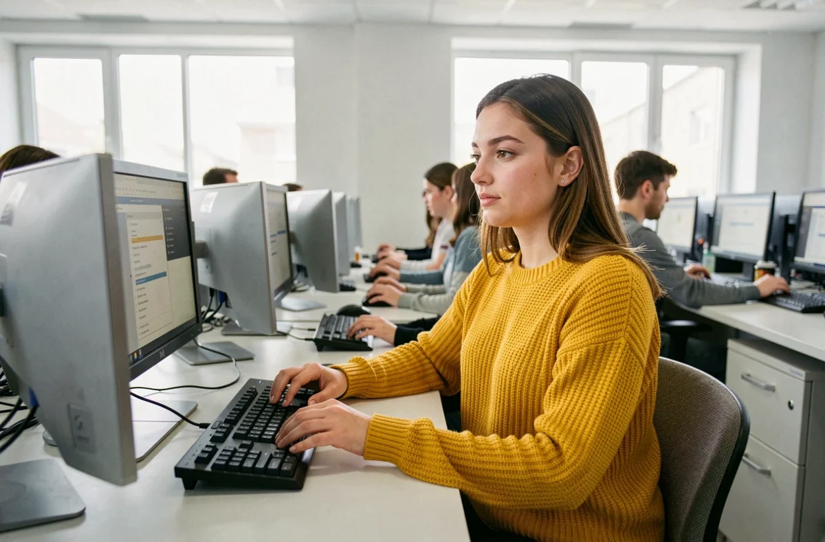 Étudiante suivant un cours pratique d'informatique dans les salles modernes de l'IRIS Nice