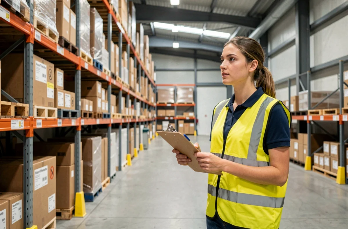 Étudiante en logistique dans un entrepôt portuaire près du Havre, illustrant la formation de l'ISEL Institut Supérieur d'Études Logistiques