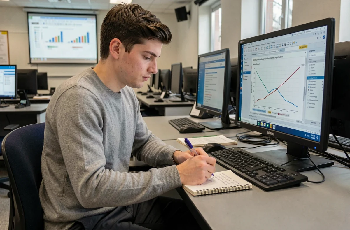 Étudiant en techniques de commercialisation dans une salle informatique de l'IUT de Caen, formation BUT TC