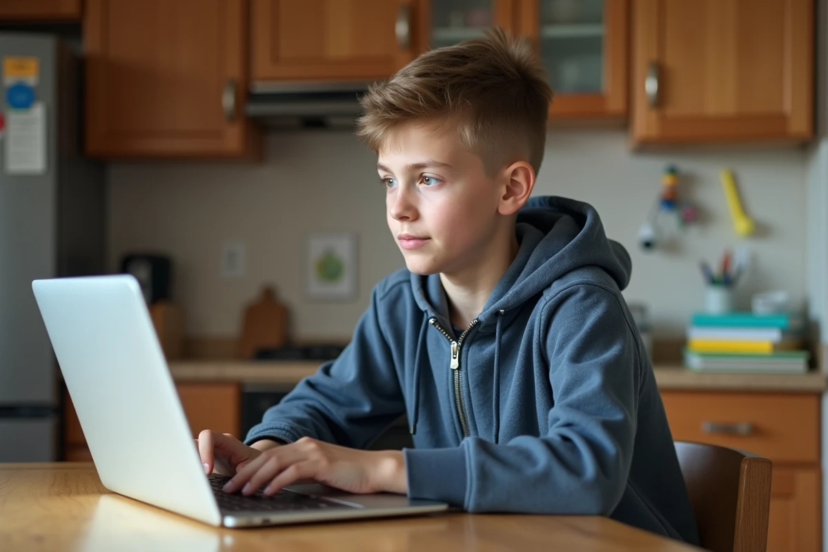 Adolescent utilisant son ordinateur dans la cuisine
