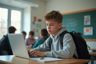 Jeune adolescent utilisant un ordinateur dans une salle de classe lumineuse