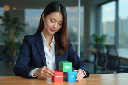 Jeune femme d'affaires arrangeant des cubes marketing colorés
