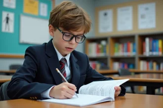 Jeune garçon de 13 ans en uniforme à l'école concentré sur son cahier