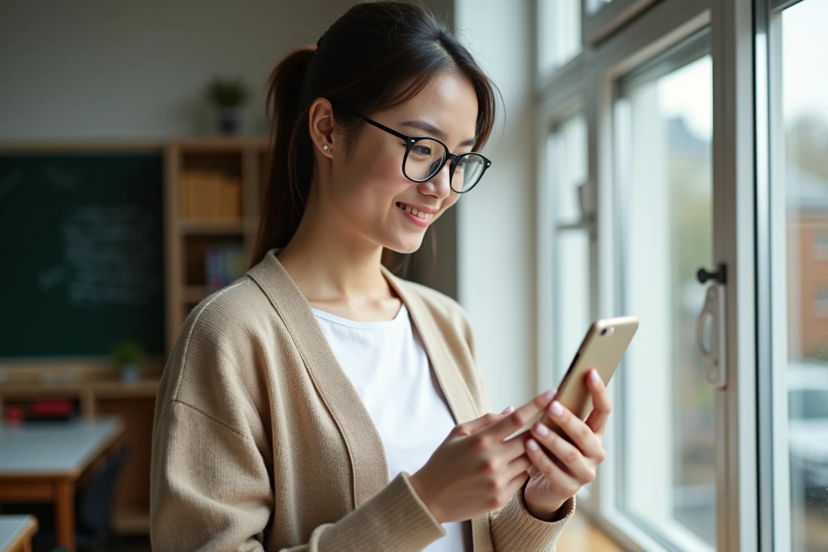 Jeune femme enseignante avec smartphone dans une classe lumineuse
