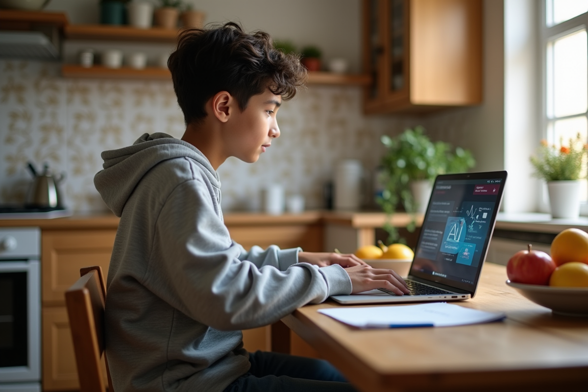 Adolescent utilisant un ordinateur avec assistant AI à la maison