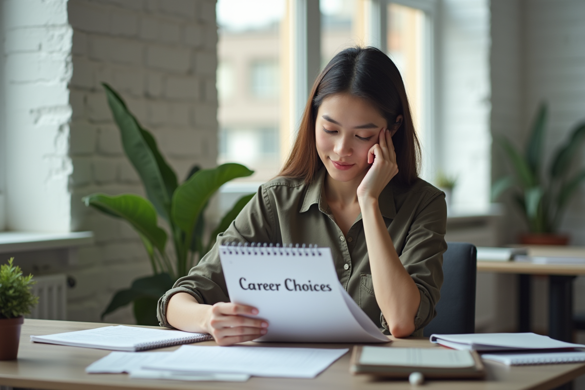 Jeune femme concentrée sur un carnet de choix de carrière