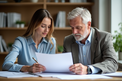 Jeune femme et homme en bureau parisien examinant un contrat