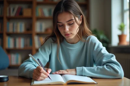 Jeune femme étudie un cahier d'espagnol à la maison