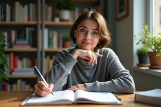 Jeune femme en train de faire des exercices de grammaire française
