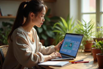 Jeune femme studieuse utilisant son ordinateur avec Duolingo