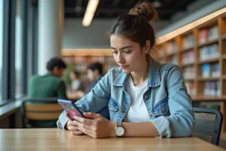 Jeune femme concentrée avec smartphone dans une bibliothèque moderne