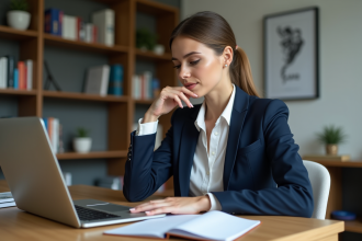 Jeune femme concentrée rédigeant une lettre de motivation dans un bureau moderne