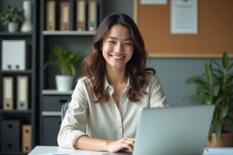 Jeune femme souriante travaillant sur un ordinateur dans un bureau moderne