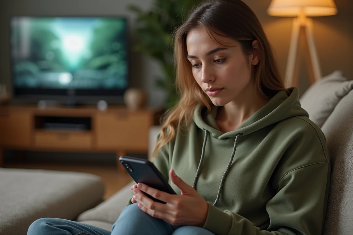 Jeune femme résolvant un problème de connexion réseau sur smartphone dans son salon