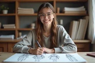 Jeune femme en design studio présentant ses illustrations de mode