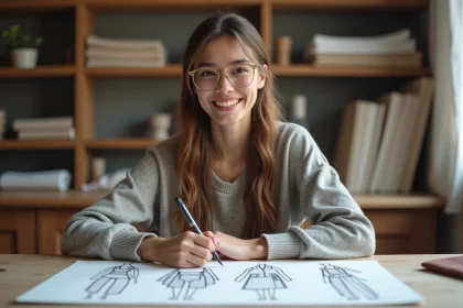 Jeune femme en design studio présentant ses illustrations de mode