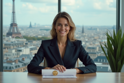 Jeune femme confiante avec diplôme dans un bureau parisien