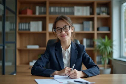Jeune femme en costume navy en entretien professionnel