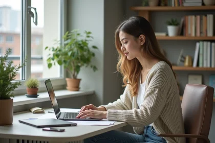 Jeune femme concentrée sur son ordinateur dans un appartement étudiant
