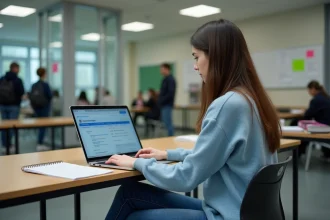 Jeune femme étudiant vérifiant son emploi du temps sur un laptop