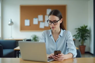 Jeune femme en blouse et lunettes au bureau étudiant