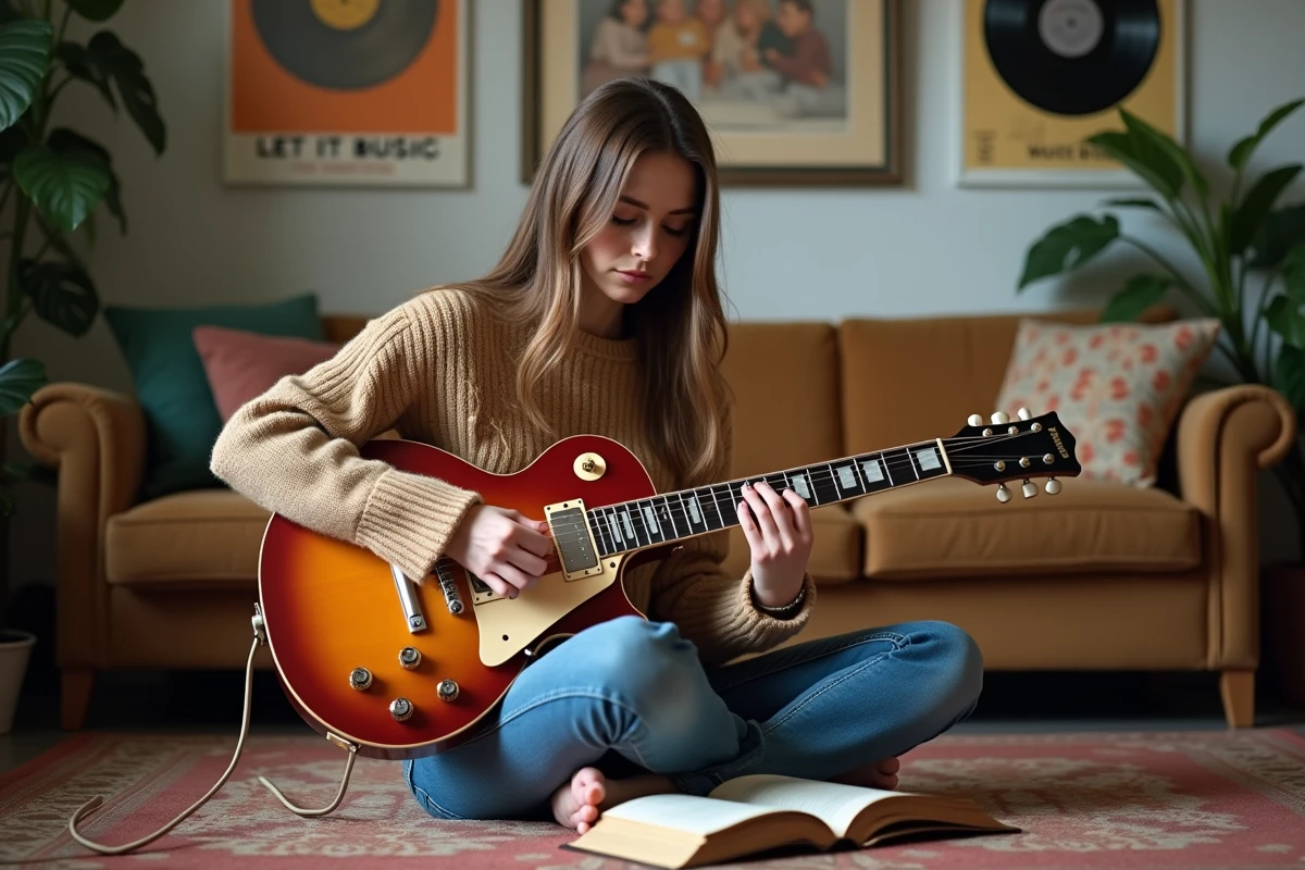 Jeune femme joue de la guitare électrique dans un salon cosy