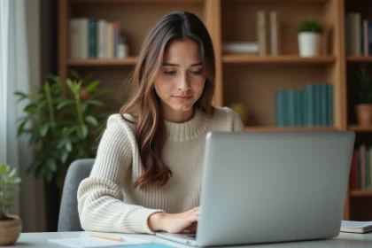 Jeune femme concentrée devant son ordinateur avec Syclade