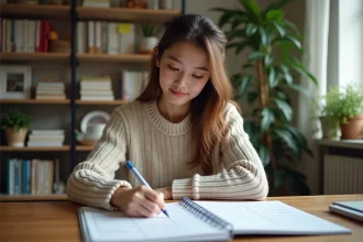 Jeune femme organisée planifiant son étude TOEIC à la maison