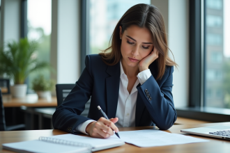 Femme professionnelle en bureau moderne en pleine réflexion