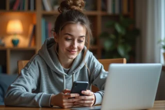 Jeune femme révisant le code de la route sur une application mobile dans sa chambre d'étudiante