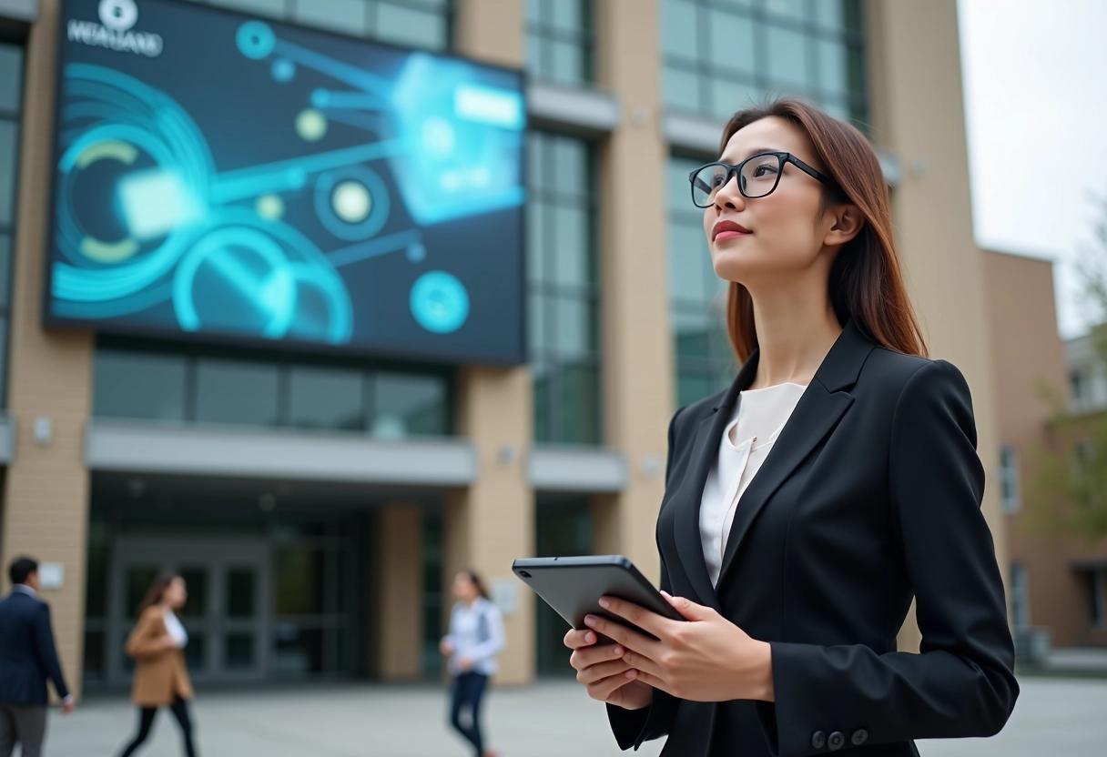 Jeune femme confiante devant un bâtiment universitaire moderne