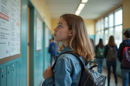 Jeune fille en jean dans un couloir de lycée avec tableau