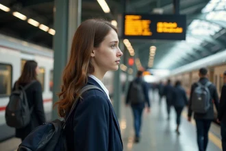 Jeune fille en uniforme à la gare en réflexion