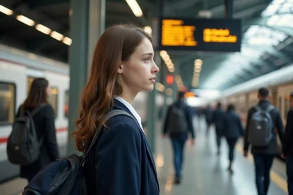 Jeune fille en uniforme à la gare en réflexion