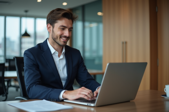 Jeune homme en costume dans un bureau moderne