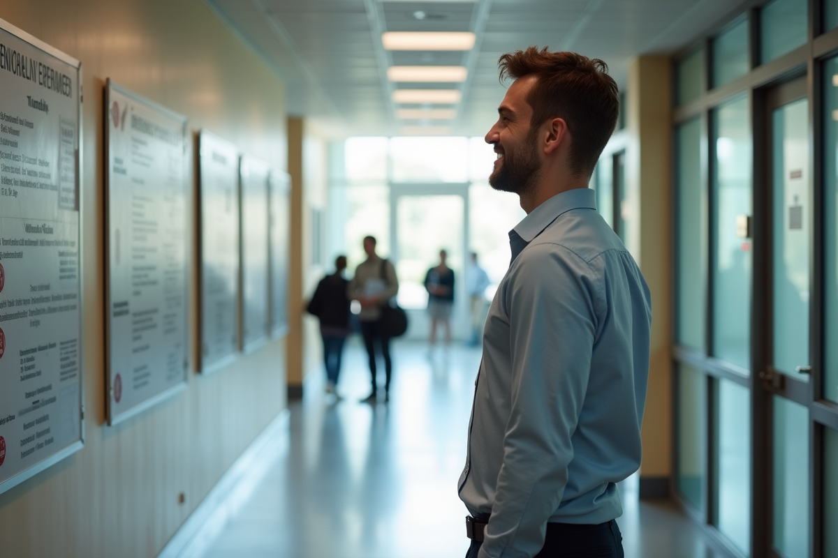 Jeune homme étudiant un panneau d annonces universitaires