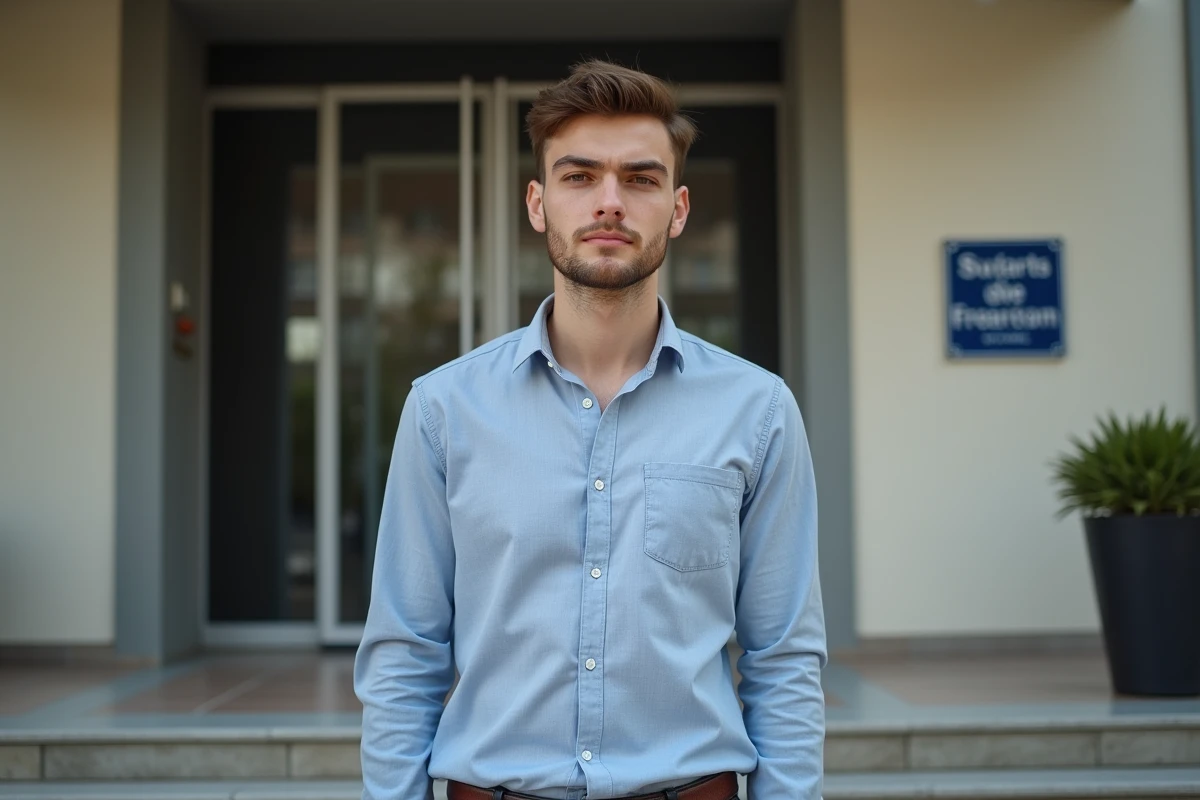 Jeune adulte confiant devant un centre de formation professionnelle