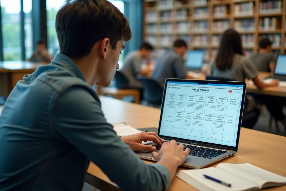 Jeune homme étudiant en bibliothèque avec son planning TOEIC