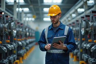 Jeune homme confiant en uniforme industriel avec tablette