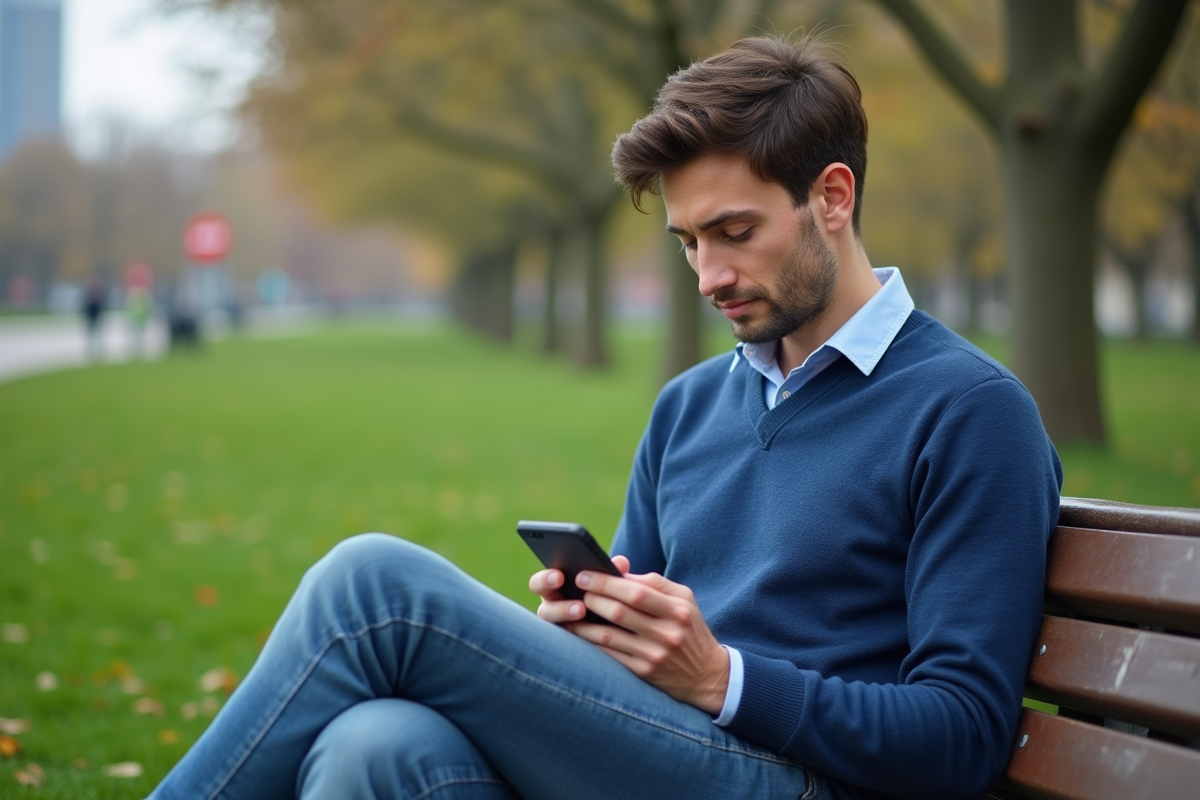 Jeune homme assis dans un parc utilisant son smartphone