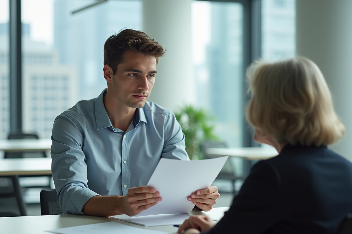 Jeune homme présentant un projet à une superviseure dans une salle de réunion