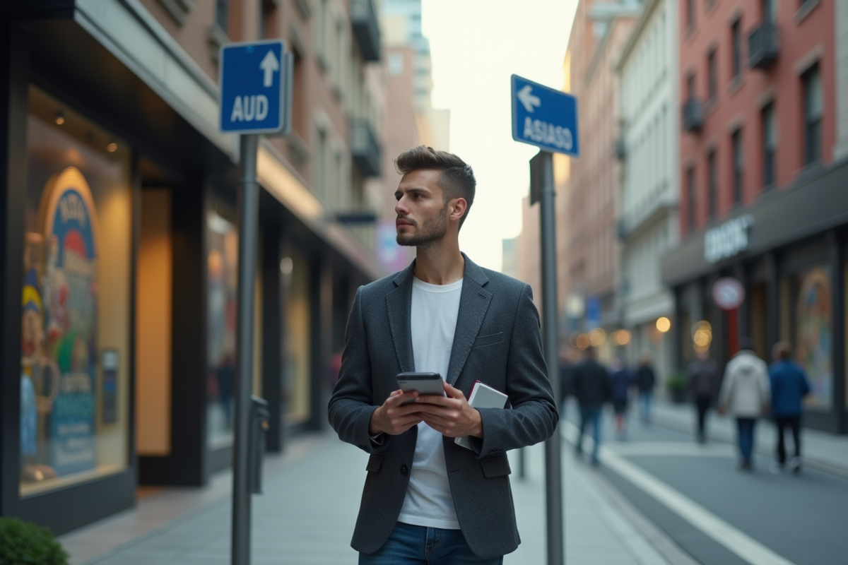 Jeune homme dans la ville regardant des panneaux de signalisation