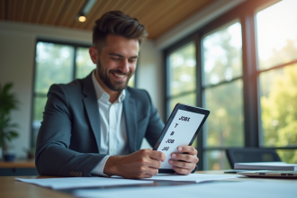 Jeune professionnel confiant consulte une liste B sur une tablette