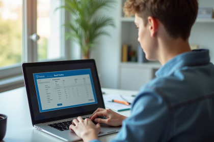 Jeune professionnel vérifiant un relevé bancaire en ligne sur un ordinateur portable