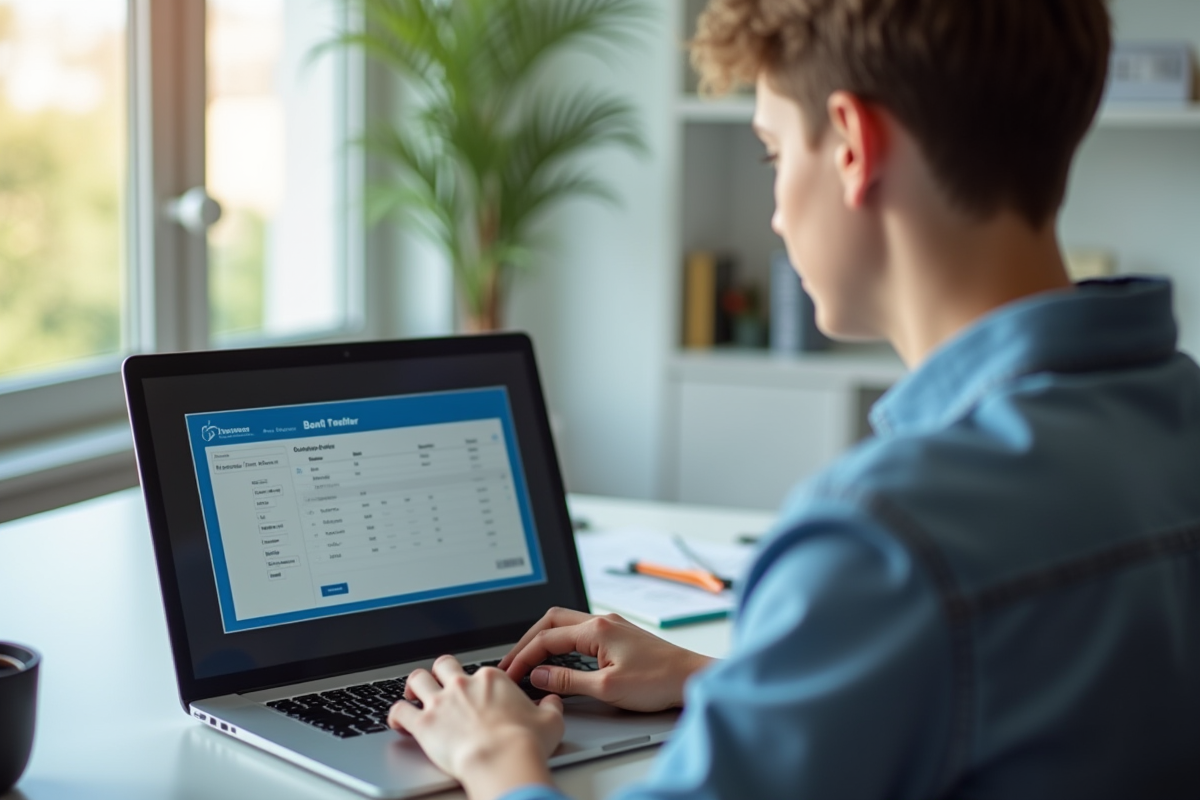 Jeune professionnel vérifiant un relevé bancaire en ligne sur un ordinateur portable