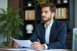 Jeune homme en costume dans un bureau moderne avec documents