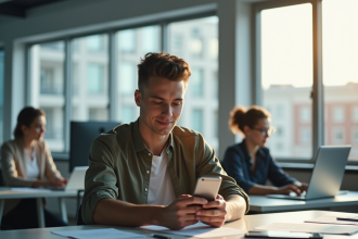 Jeune stagiaire au bureau regarde son téléphone